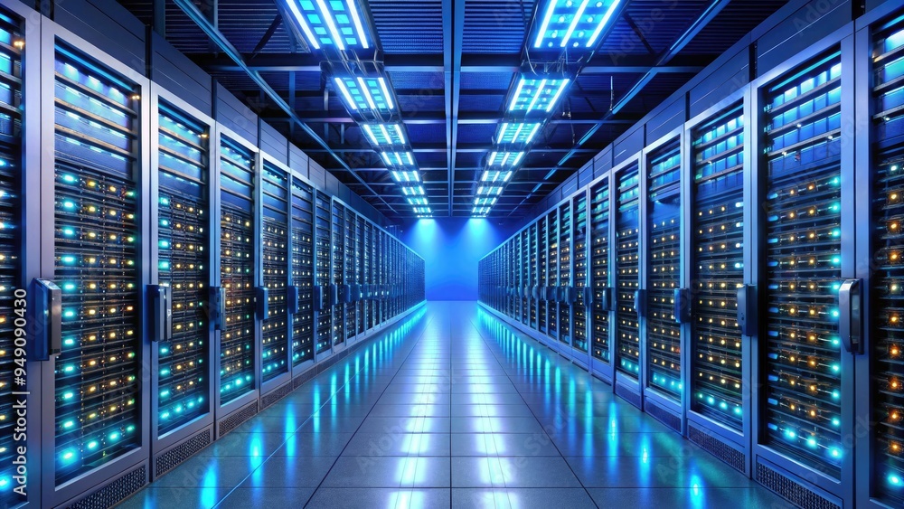 Poster modern sleek data center filled with rows of humming servers, racks, and blinking led lights, repres