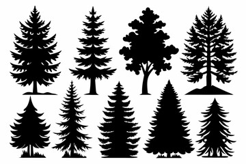 Pine Trres vector trees set. Tree icons are set in a modern flat style. Vector silhouette, graphic trees elements and landscape