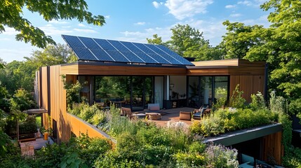 Fototapeta premium Modern eco-friendly home with rooftop solar panels and lush garden terrace