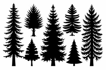 Pine Trres vector trees set. Tree icons are set in a modern flat style. Vector silhouette, graphic trees elements and landscape