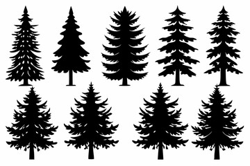 Pine Trres vector trees set. Tree icons are set in a modern flat style. Vector silhouette, graphic trees elements and landscape