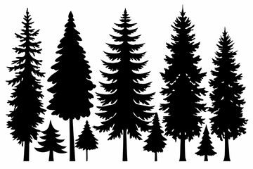 Pine Trres vector trees set. Tree icons are set in a modern flat style. Vector silhouette, graphic trees elements and landscape