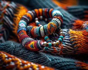 Beaded jewelry with intricate patterns, displayed on a textured fabric, Ethnic, Vibrant colors, Macro photography, Detailed craftsmanship