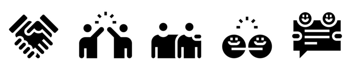 Obraz premium Friendship icon set. Joined hands, fist bump, hug, friends, friendly communication. Solid icons. Vector illustration