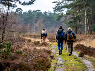 Obraz premium Group of friends enjoying a leisurely hike through the picturesque Veluwe National Park in the Netherlands.