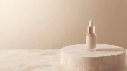 A realistic face view of a beauty product on a neutral-toned stone surface with a matte finish, featuring soft, diffused lighting and an empty space