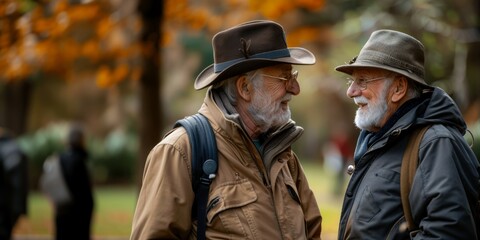 Fototapeta premium Two elderly men in hats talking and smiling in autumn park. Friendship and leisure concept.