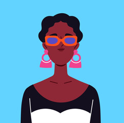 Trendy user avatar. Portrait of african american woman in sunglasses. Beauty, aesthetics and elegance. Profile in social networks and messengers. Flat vector illustration isolated on blue background