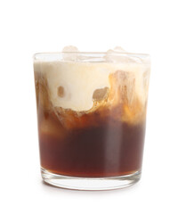 Glass of White Russian cocktail on white background