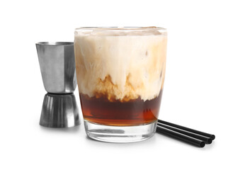 Glass of White Russian cocktail and straws on white background