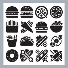 Set of fast food silhouette chicken grill, pizza, chicken sandwich, pasta, burger, French fries, sandwich, chicken wings vector in white background