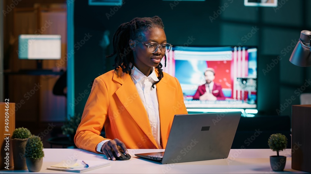 Poster hardworking girl studying business administration remotely, attending online classes and webinars on