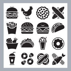 Set of fast food silhouette chicken grill, pizza, chicken sandwich, pasta, burger, French fries, sandwich, chicken wings vector in white background