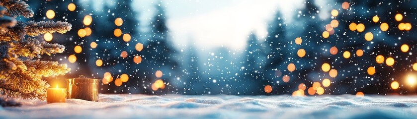 Fototapeta premium A serene winter scene with snow, evergreens, and glowing lights, capturing the magic of the holiday season in a tranquil landscape.