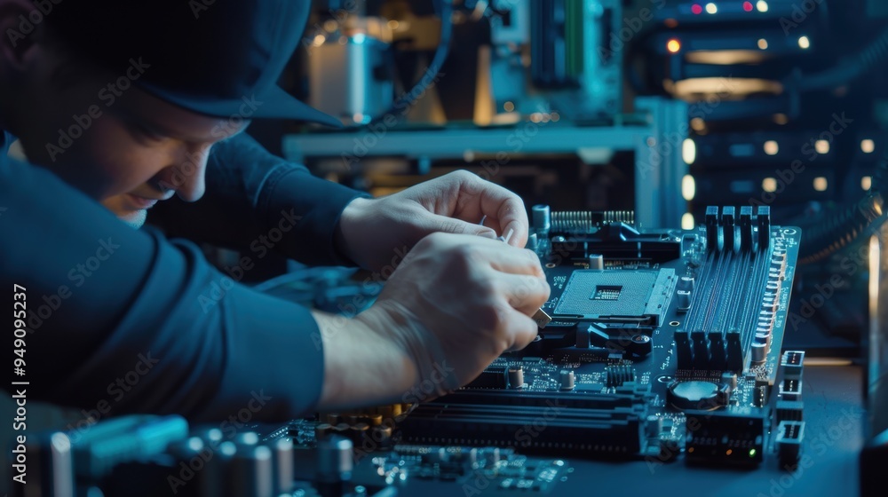 Poster computer technician installing cpu chip on motherboard in server room