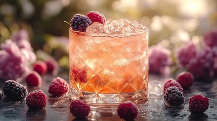 Ultra realistic photo of a light pink cockail, ice cubes and mix berries as garnish.