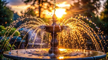 Refreshing droplets of water suspended in mid-air, glistening with sunlight, as a sudden burst of liquid propels from a fountain's nozzle, capturing a fleeting moment of serenity.