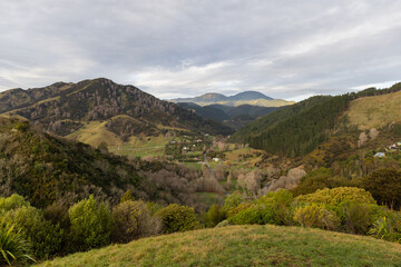 Fototapeta premium Beautiful view of lush green hills in Nelson, New Zealand.