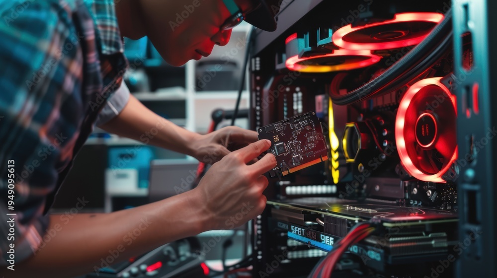 Aufkleber computer technician installing modern graphics card in gaming pc