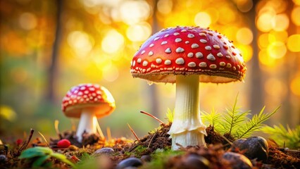 of fly agarics on a bright background, fly agaric, mushrooms, fungus, toxic, red, spotted, poisonous, nature, forest