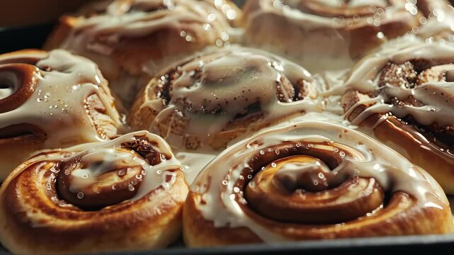 Close-up of cinnamon rolls with icing in warm light, delicious pastry concept.