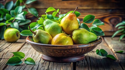 Fototapeta premium Ripe green and yellow pear fruit arranged in a decorative bowl on a rustic wooden table, surrounded by fresh greenery and soft natural light filtering in.