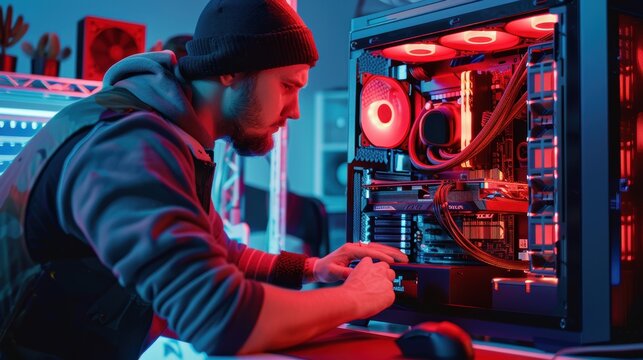 Computer technician installing hardware component in gaming pc with neon light