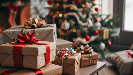 Christmas gifts under a decorated tree, cozy holiday atmosphere.