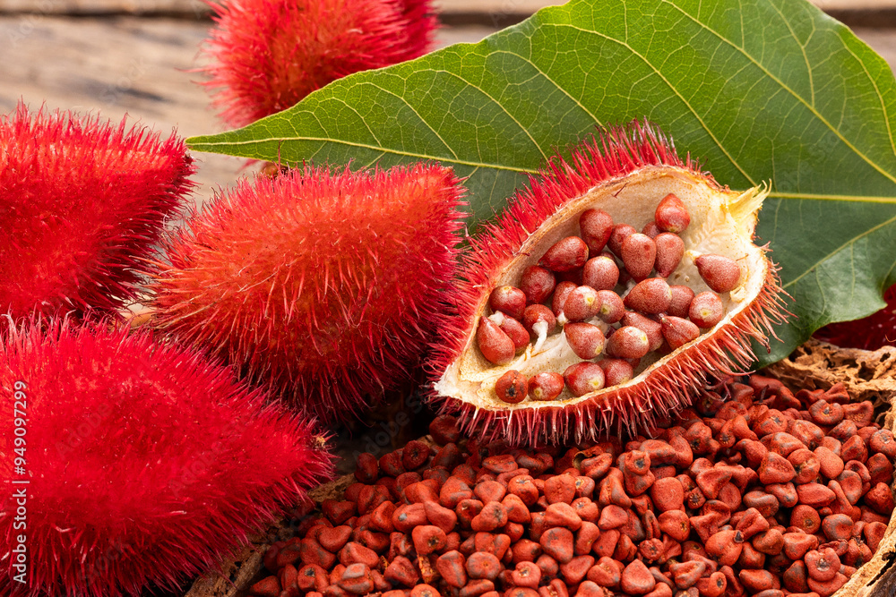 Poster Pile of organic annatto seeds - Seasoning and red food coloring. Bixa Orellana