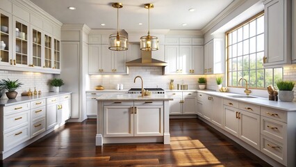 Modern farmhouse custom cabinetry with white shaker-style doors and brushed gold hardware relaxing in a light-filled kitchen with dark hardwood floors and creamy white walls