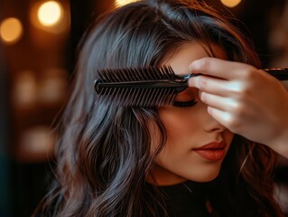 Fototapeta premium Hairdresser brushing a client's hair in a modern salon, stylish setting, soft lighting, close-up, warm tones, sharp focus
