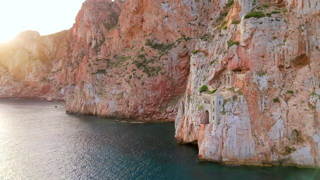 Aerial view of the historic mining port of Porto Flavia, Sardinia in Italy.