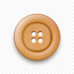 Obraz premium Vector Brown Color Wooden Two Holes Clothes Button Closeup, Isolated on White Background with Reflection. Round Button, Front View