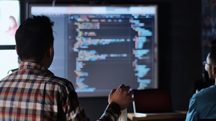 Obraz premium Software developers team working late on project, analyzing code on big screen