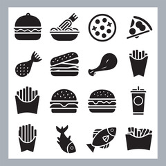 Set of fast food silhouette chicken grill, pizza, chicken sandwich, pasta, burger, French fries, sandwich, chicken wings vector in white background