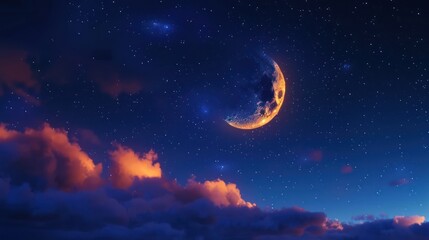Naklejka premium Night Sky with Crescent Moon and Stars