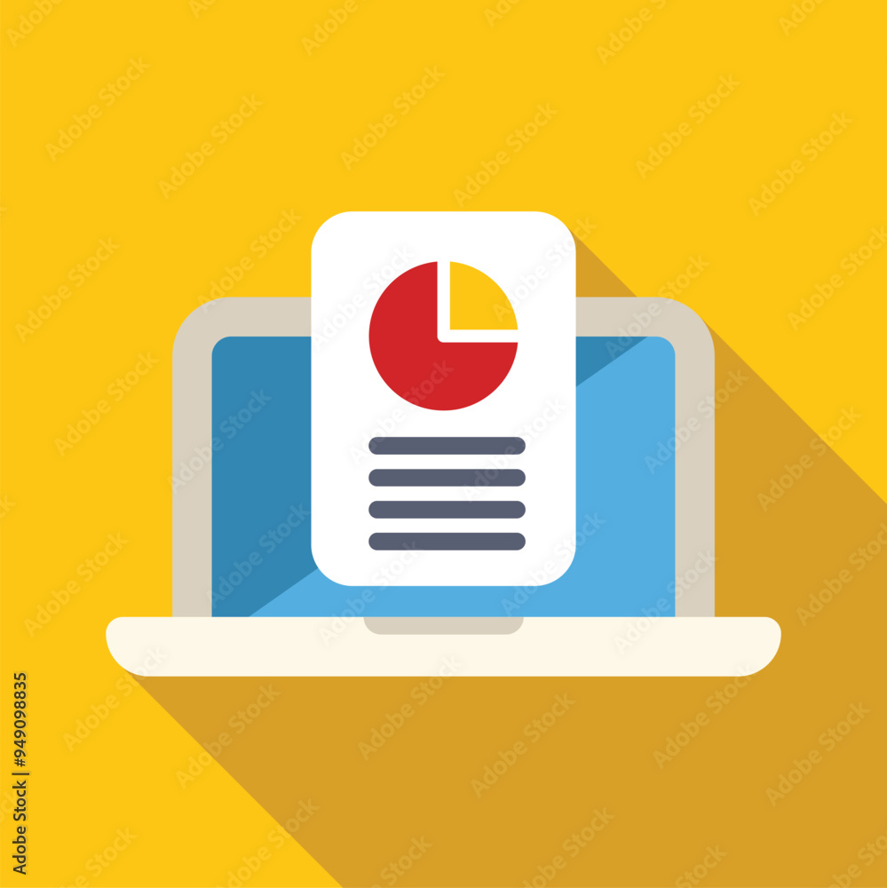 Poster laptop displaying data analysis with a pie chart and text, representing business intelligence and ma