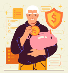 Saving money for retirement. Elderly man with piggy bank and coins. Financial literacy and passive income. Pensioner with earnings. Aged man investing money in pension fund. Flat vector illustration