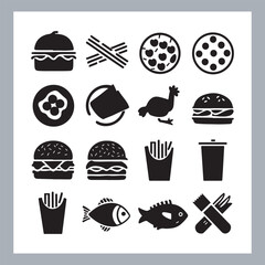 Set of fast food silhouette chicken grill, pizza, chicken sandwich, pasta, burger, French fries, sandwich, chicken wings vector in white background