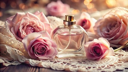 sensual rose infused fragrance in a vintage lace trimmings and soft focus photography