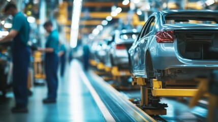 Cars move along an assembly line in a factory.