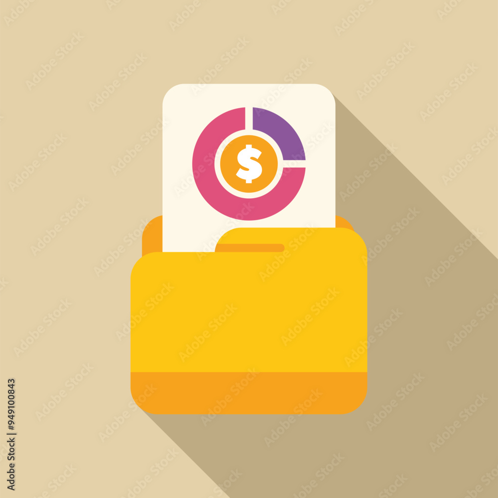 Poster yellow folder storing document with colorful pie chart and dollar sign representing financial report