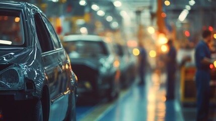 Fototapeta premium Cars on an assembly line in a factory.