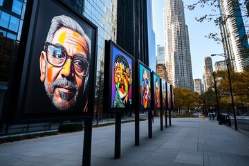 National Hispanic Heritage Month with a tribute to influential figures, captured in a photo where portraits of Hispanic leaders, artists, and activists are displayed in a public space, honoring