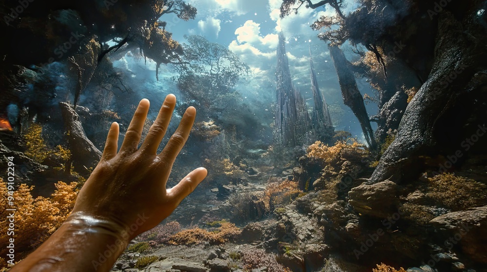 Poster a hand reaching out towards a towering structure in a surreal forest