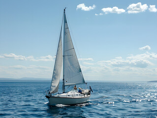 Obraz premium Group of friends laughing and relaxing on a sailboat while enjoying the sunny weather.
