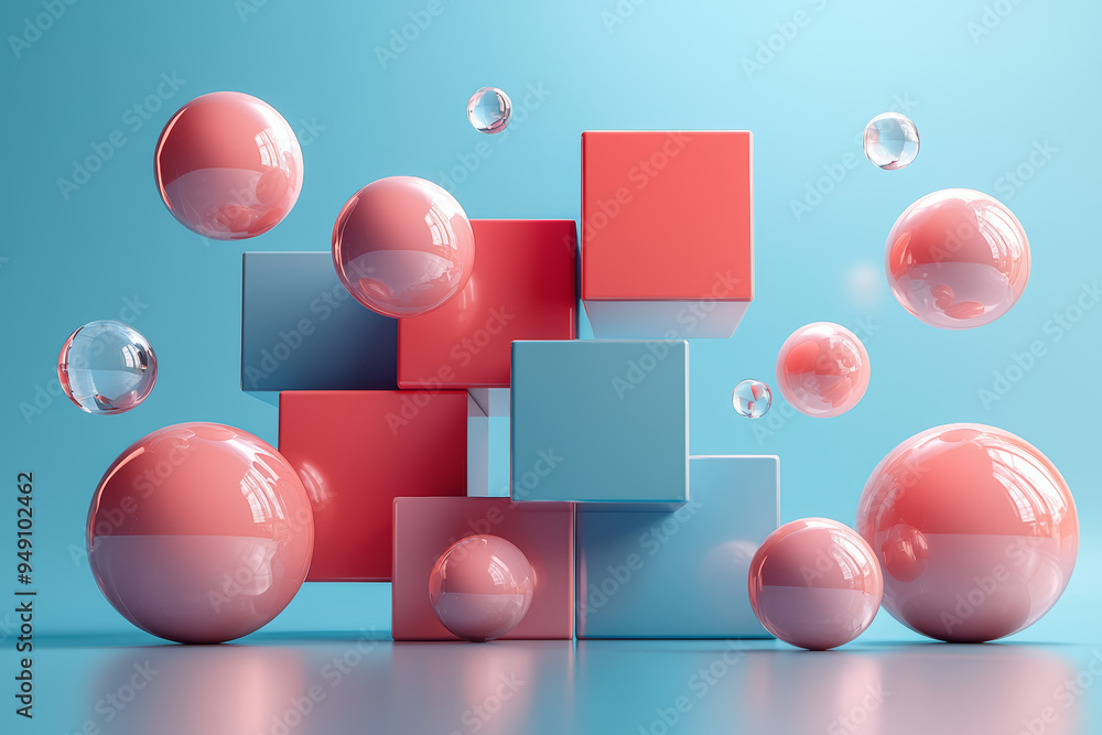Poster an arrangement of cubes and spheres stacked together, depicting how different shapes can be combined