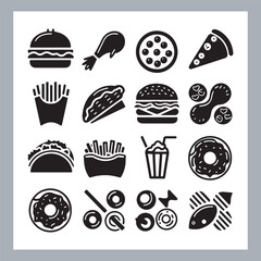 Set of fast food silhouette chicken grill, pizza, chicken sandwich, pasta, burger, French fries, sandwich, chicken wings vector in white background