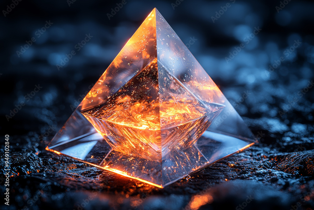 Poster a transparent tetrahedron with edges and vertices highlighted, depicting the simplest three-dimensio