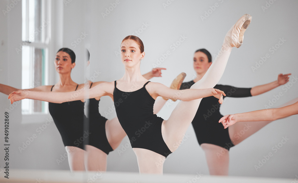 Sticker Girl, team and ballet dancer with mirror for performance, stretching body or practice together in studio. Young group, female person or ballerina in pose or reflection for warm up, lesson or class